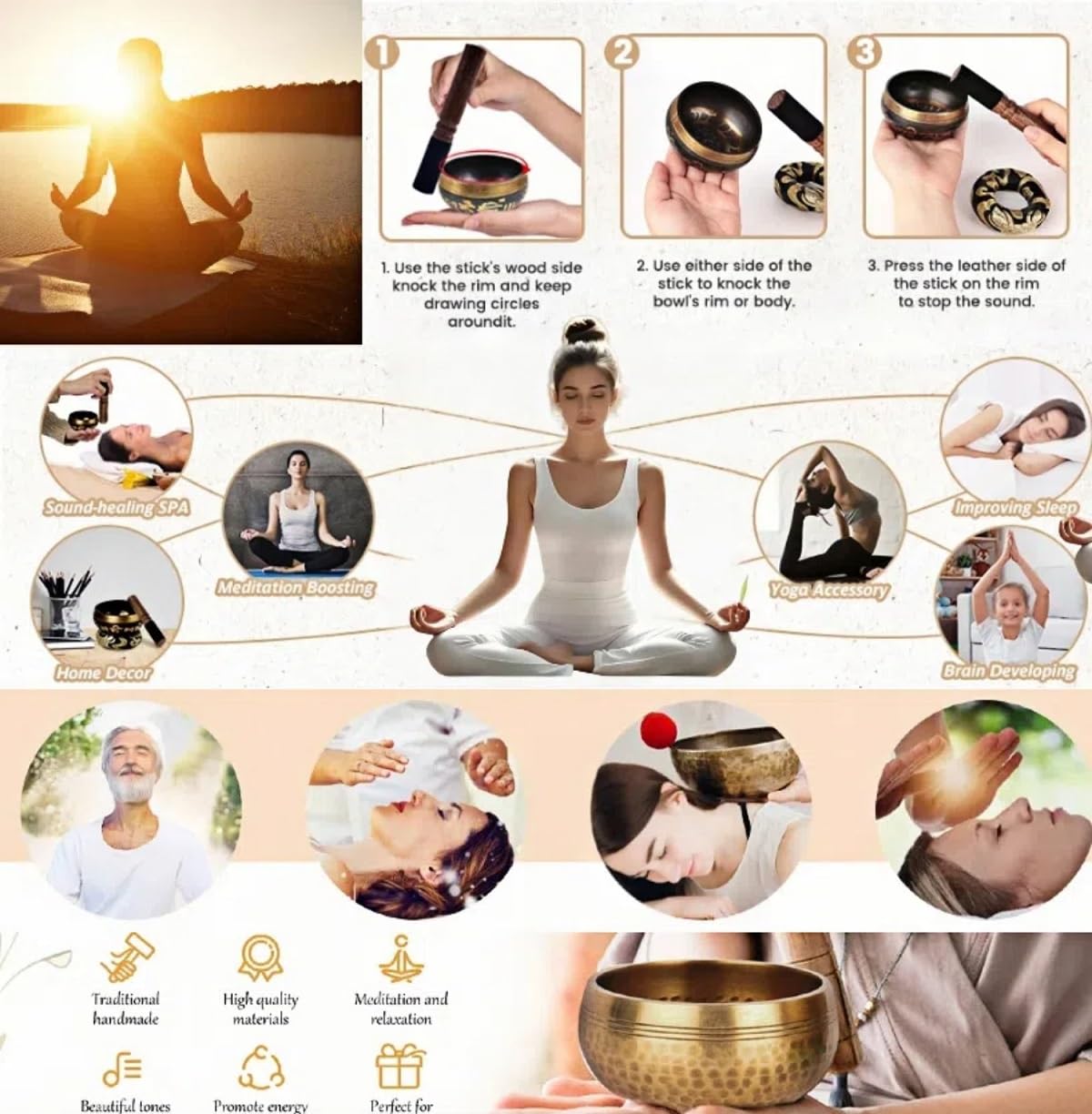 Klangschalen Set, Tibetische Meditation Stressabbau, Zen-Dekor, Schale handgefertigt in Nepal für Heilung Achtsamkeit Singing Bowl