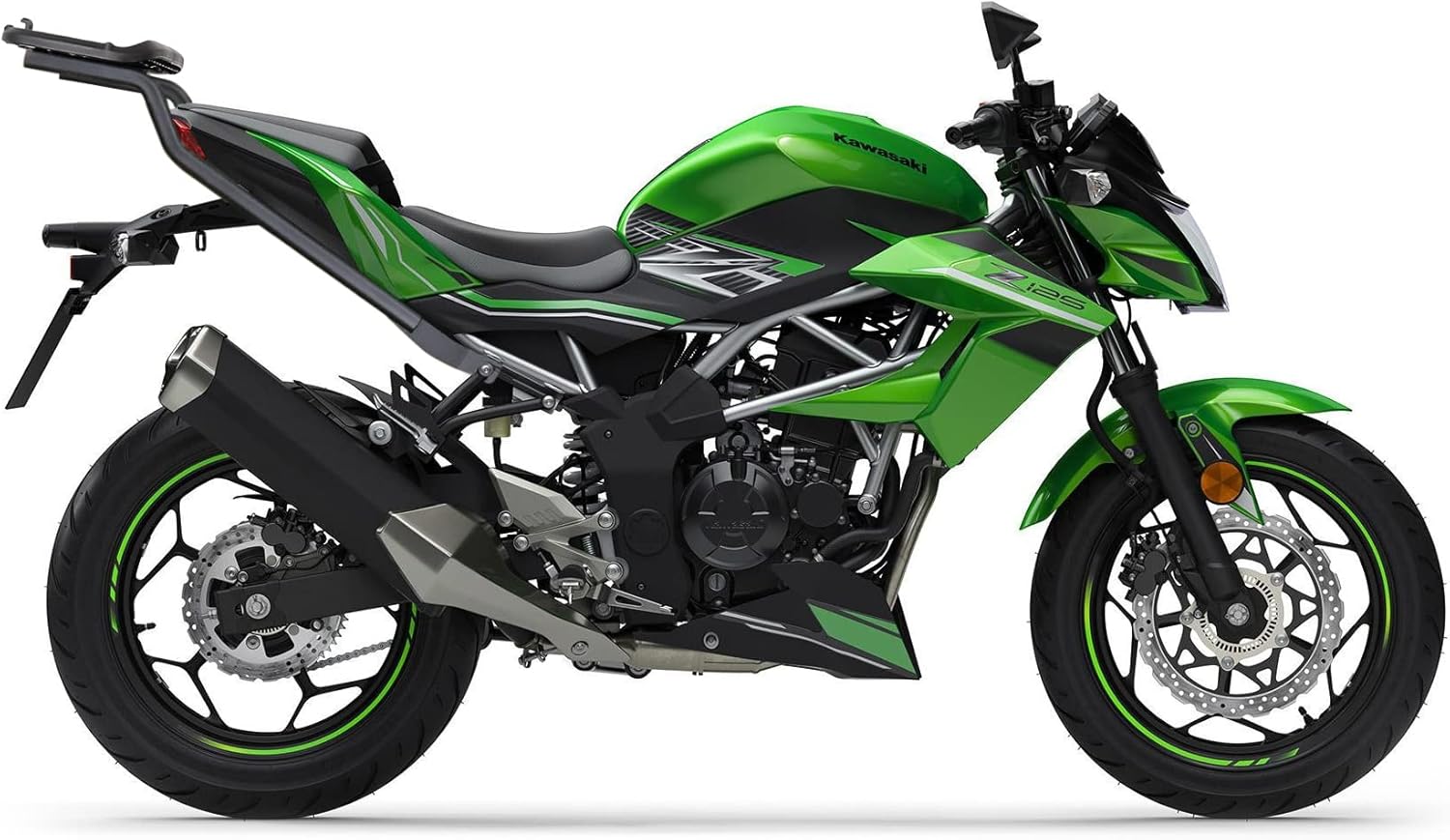 Costat complet view of a green Kawasaki Z125 motorcycle.