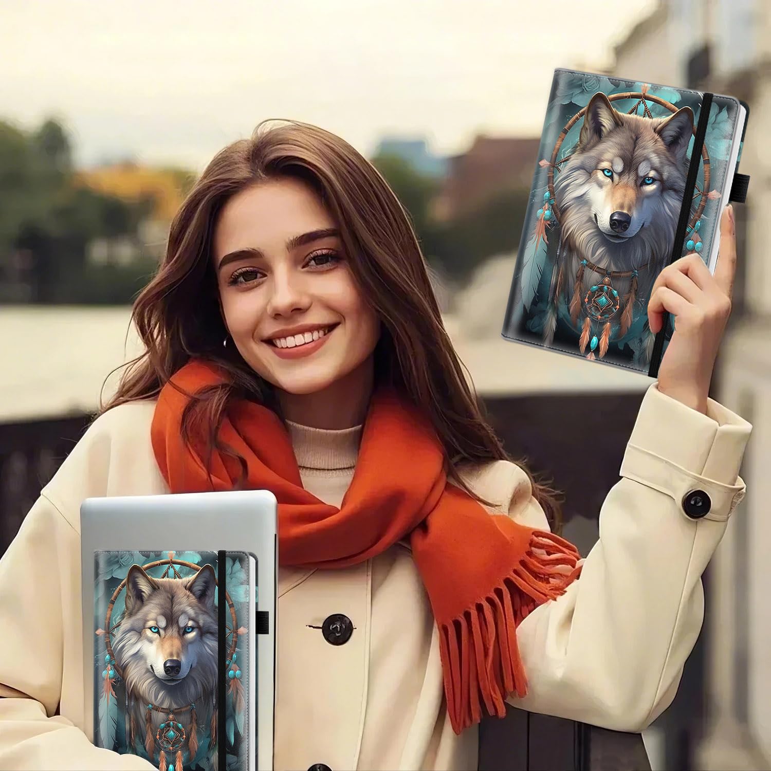 Journal Notizbuch, A5 liniert Notizbuch zum Schreiben 200 Seiten 100GSM Dickes Papier, Hardcover Leder Business Tagebuch Notizblock für Arbeit und Schule College Liniert Notizbuch, Traumfänger - Wolf