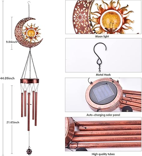 Miniatura 4 de Campanillas de viento solares, para exteriores, jardín, decorativo, con bola agrietada, impermeable, de metal, LED, para colgar (luna y sol)