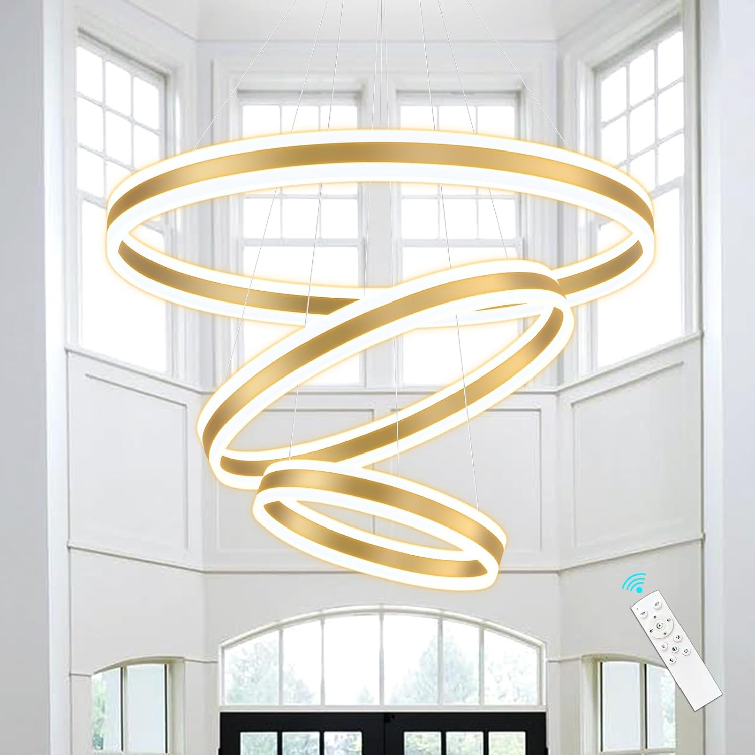 3-Rings Modern Gold LED Chandelier, Flush Mount Ceiling Lighting for Living Room, Adjustable Height Pendant Light for Staircase Foyer Dining Room Entryway 3000K 6000K