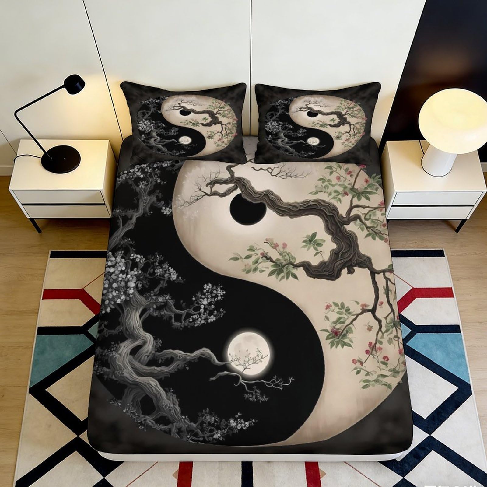 3D Printed Yin Yang Tree Fitted Sheet Microfiber Soft Breathable Moon Bed Cover for Bedroom Dorm Decor Mattress Protection 160x200x25cm