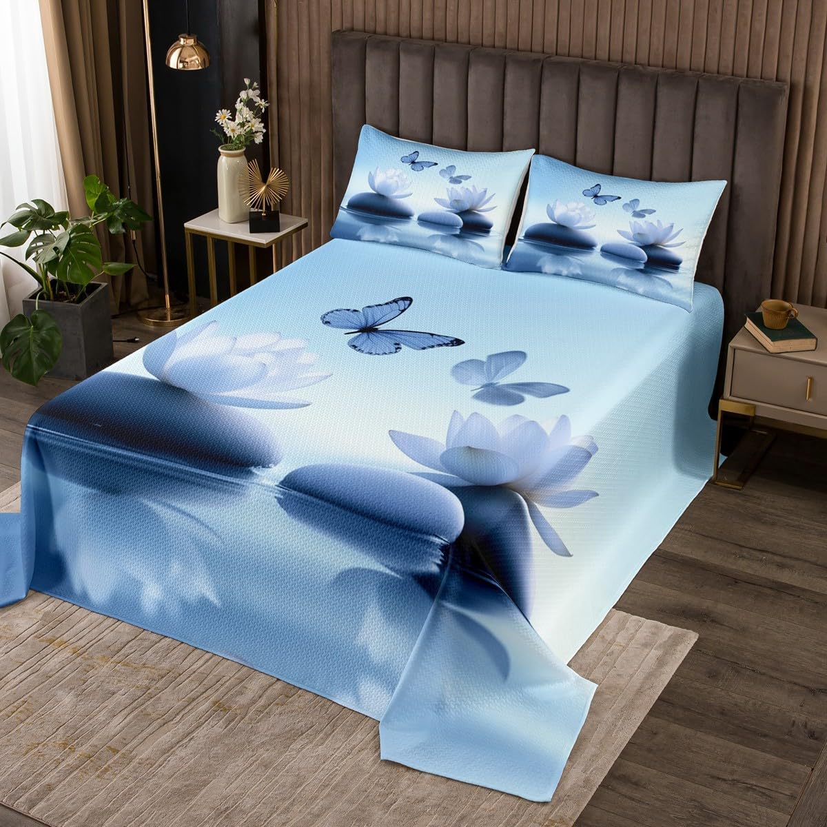 Erosebridal Water Lily Lotus Bedspread Set Queen Size,Turquoise Lake Bed Set,Wild Safari Animal Dreamy Butterfly Coverlet Set,Gradient Clean Water Flower Floral Bedding Set