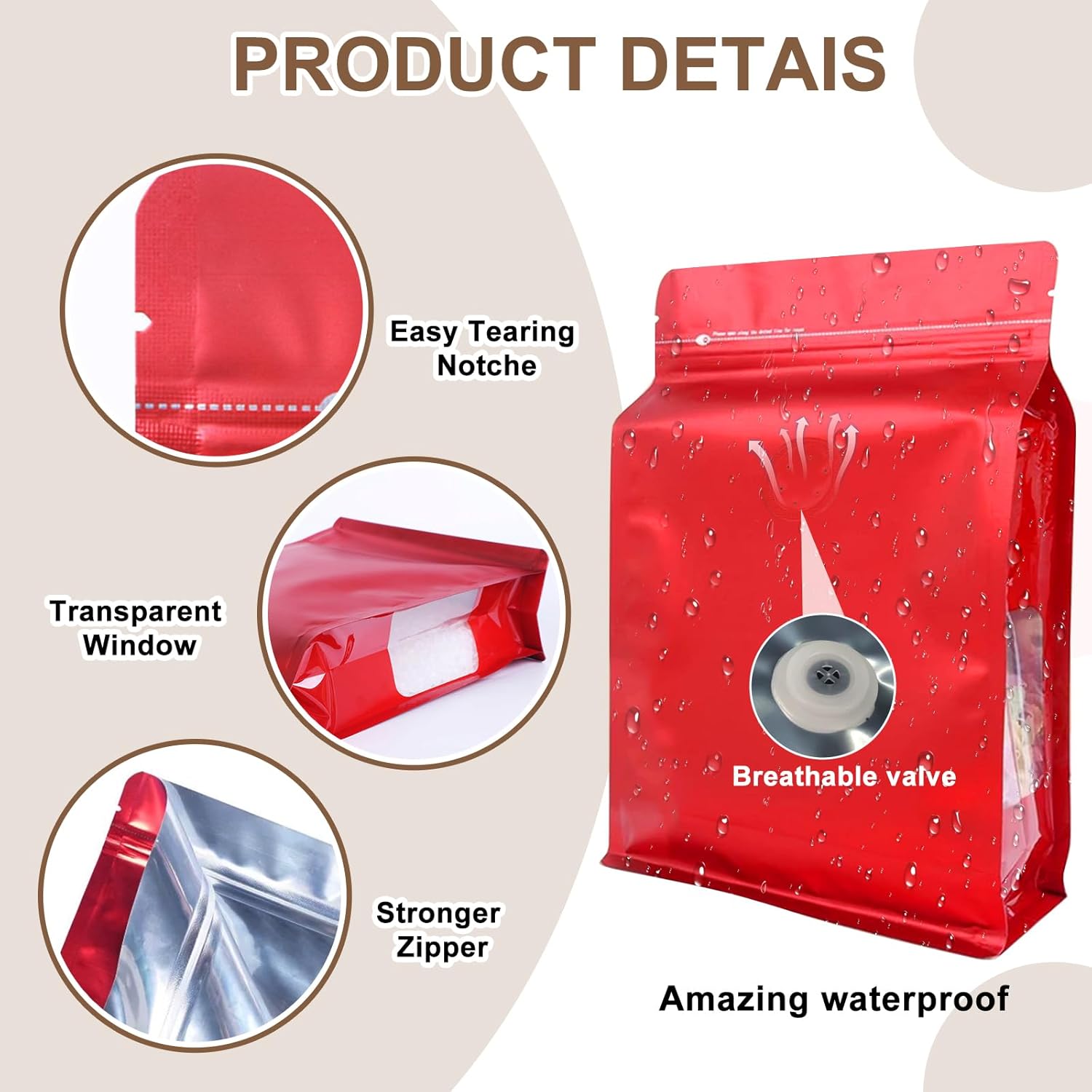 Coffee Bags with Valve, 50pcs Zipper Coffee Bean Storage Bags, Black Aluminum Foil Stand Up Pouches with Window for Home Business (24oz, 1.5lb)