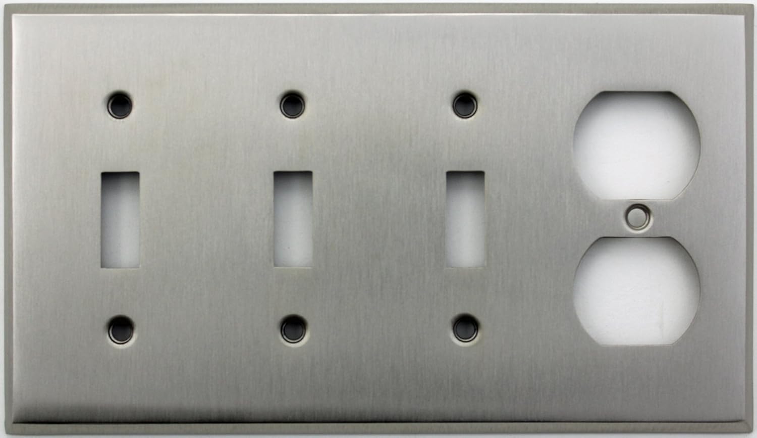Classic Accents Stamped Steel Satin Nickel Four Gang Wall Plate - Three Toggle Light Switch Openings One Duplex Outlet Opening