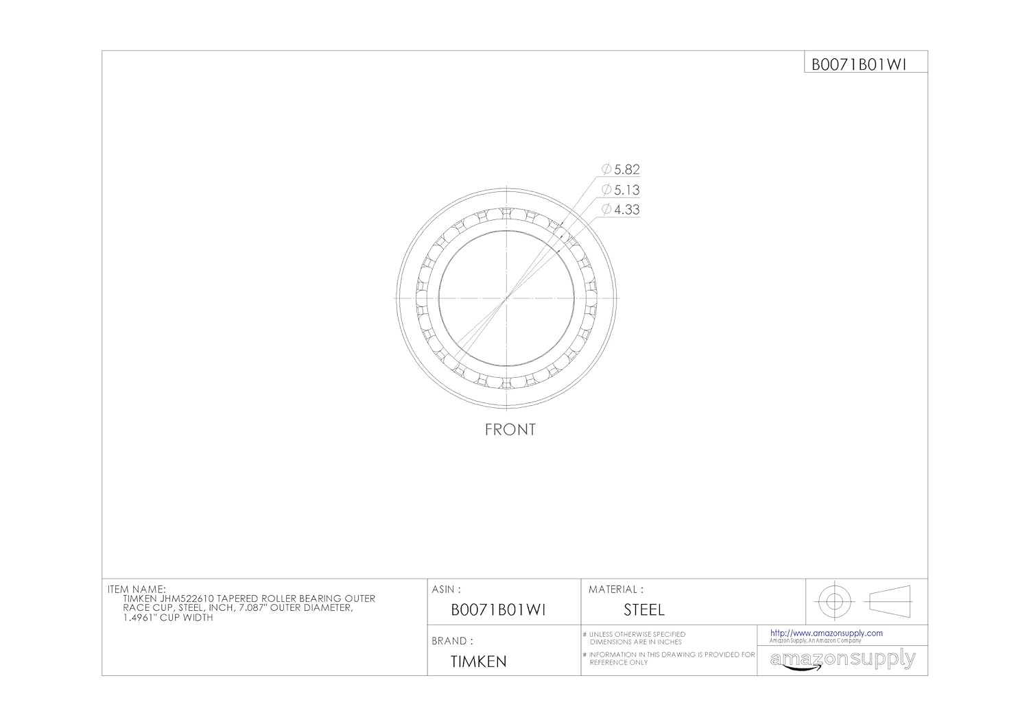 Timken JHM522610 Tapered Roller Bearing Outer Race Cup, Steel, Inch, 7.087" Outer Diameter, 1.4961" Cup Width
