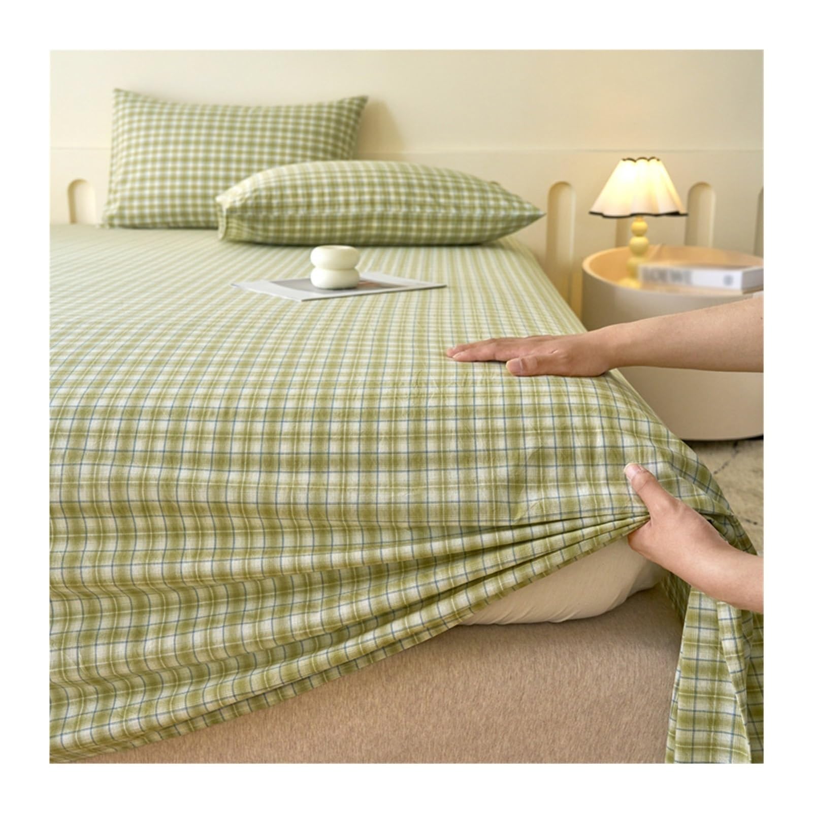 Sabana Encimera 90cm a 200cm Clase A Sábana Plana Sin Elástico de Algodón A Rayas a Cuadros 120x230cm a 245x265cm Ultra Suave y Transpirable(Green,245x245cm+48x74cm x2)