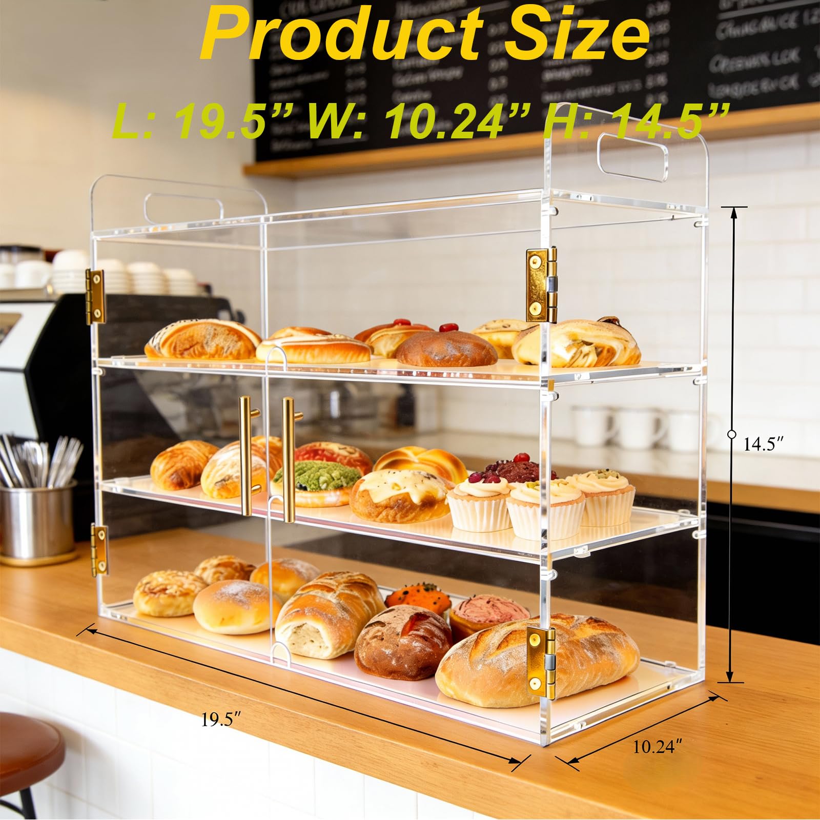 Espositore per pasticceria con 3 vassoi con porta automatica elastica, 49.5 x 26 x 38 cm, in acrilico trasparente, per pasticceria, pane, dessert, biscotti