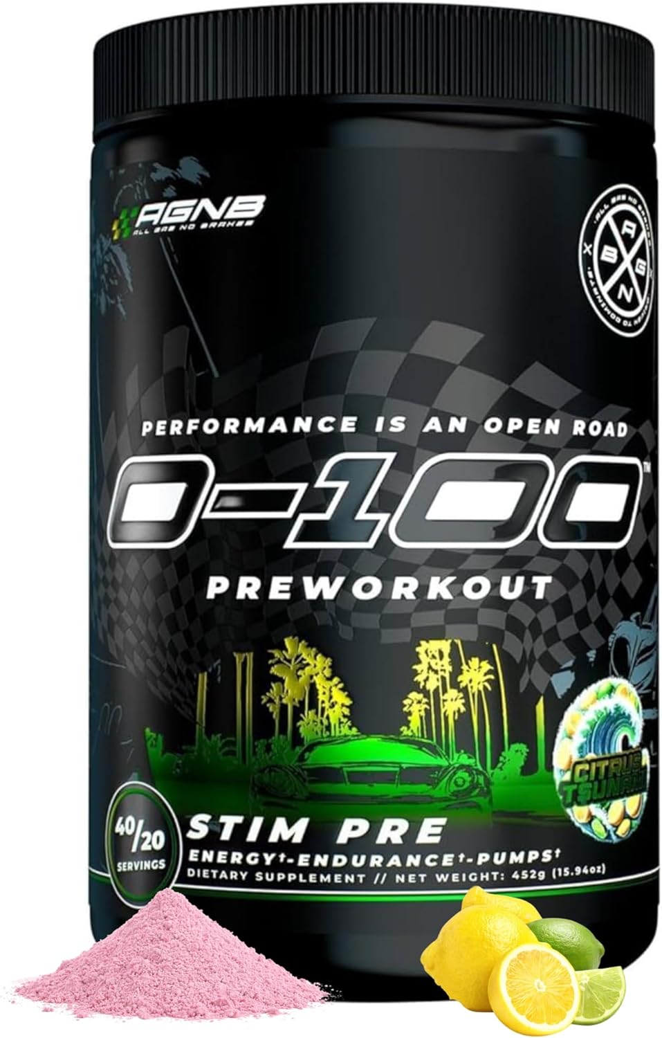 AGNB 0-100 Pre Workout Powder | 10g L-Citrulline, 450mg Caffeine, Alpha-GPC | High Stim Nitric Oxide Pump, Focus & Energy | No Beta Alanine, No Crash | Men & Women – Citrus Tsunami – 40/20 Servings