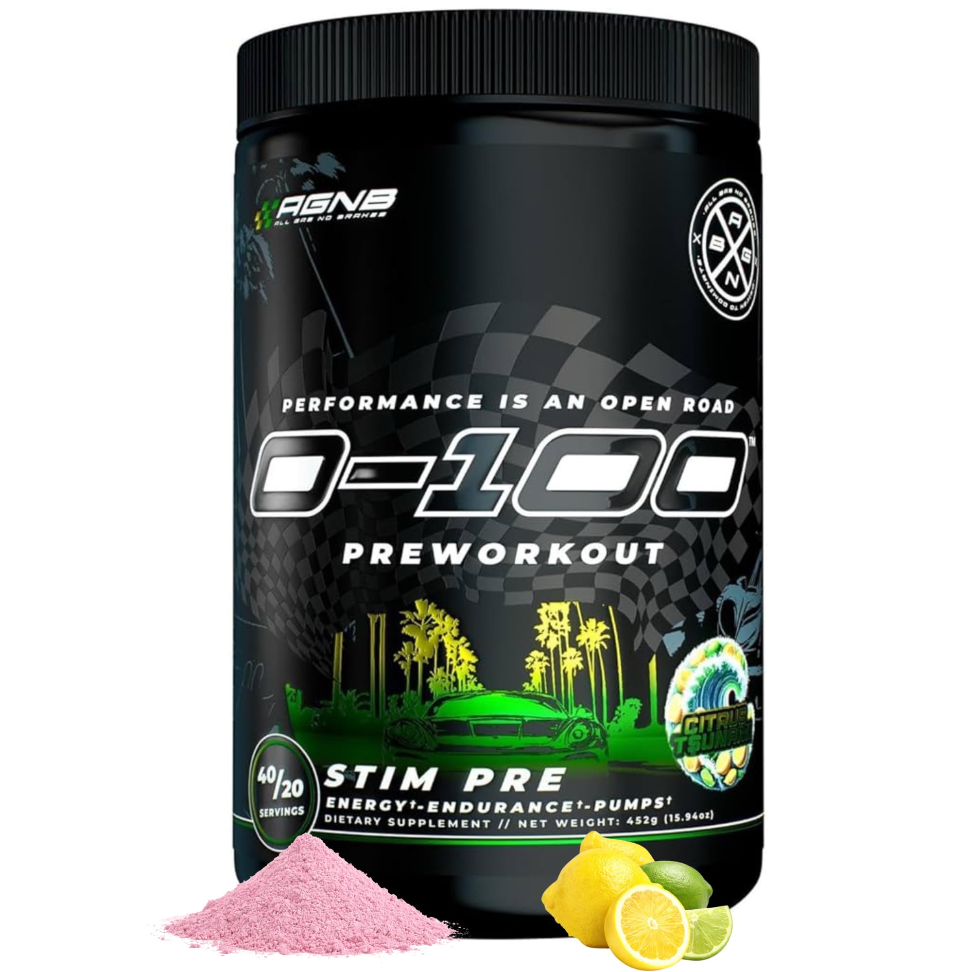 All Gas No Brakes Supplements Pré-treino em pó com L-citrulina 10 g, cafeína 450 mg e Alpha-GPC 600 mg, Citrus, 20 porções