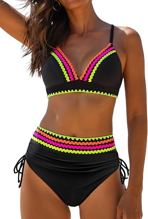popvil High Waisted Bikini Sets for Women Tummy Control Swimsuit Neon Two Piece Bathing Suit