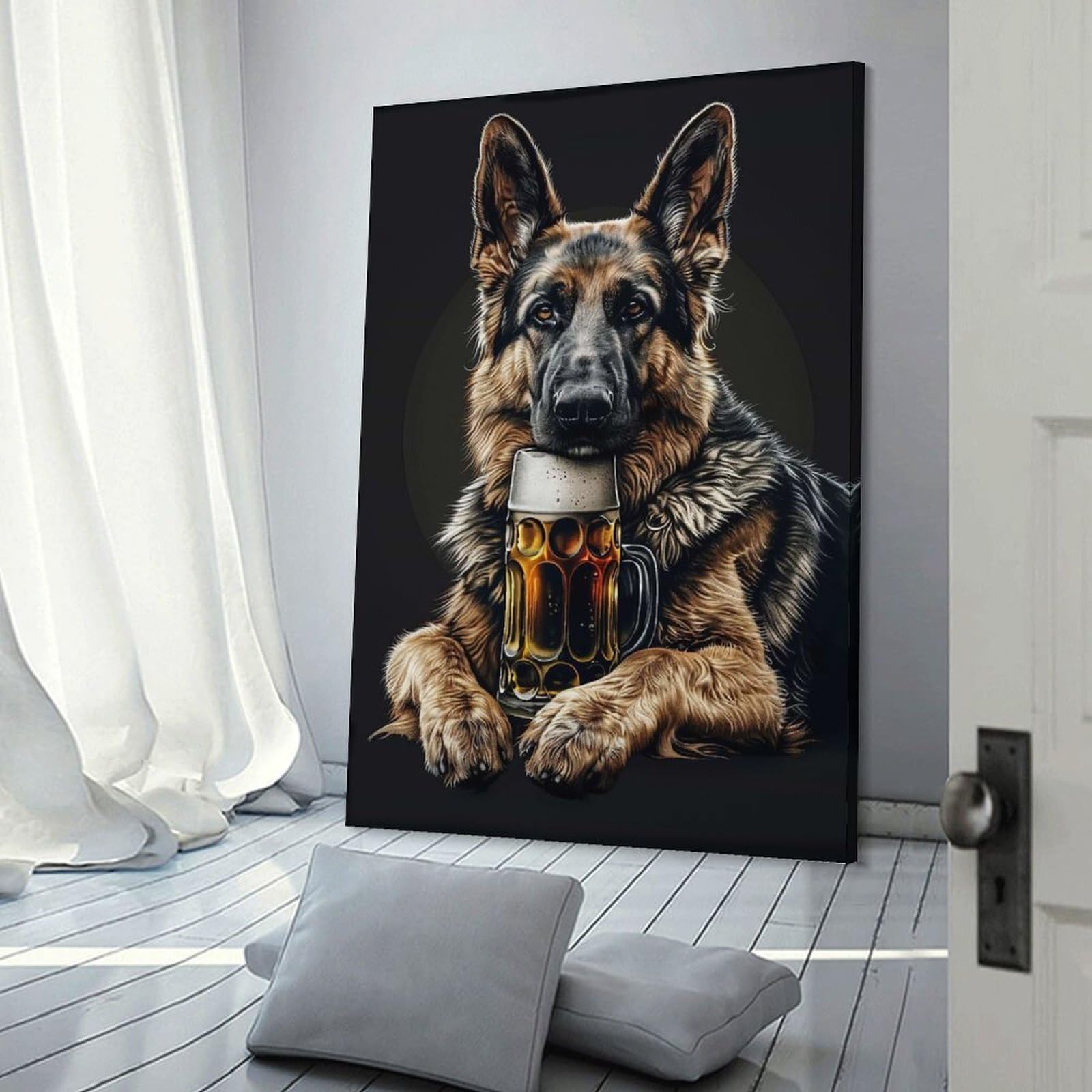 Junmoney German Shepherd Beer Wall Picture Print 24x36inch(60x90cm), for Entrance Spaces, Stair Walls Or Halls, Decorative Canvas Styling for Entry Areas
