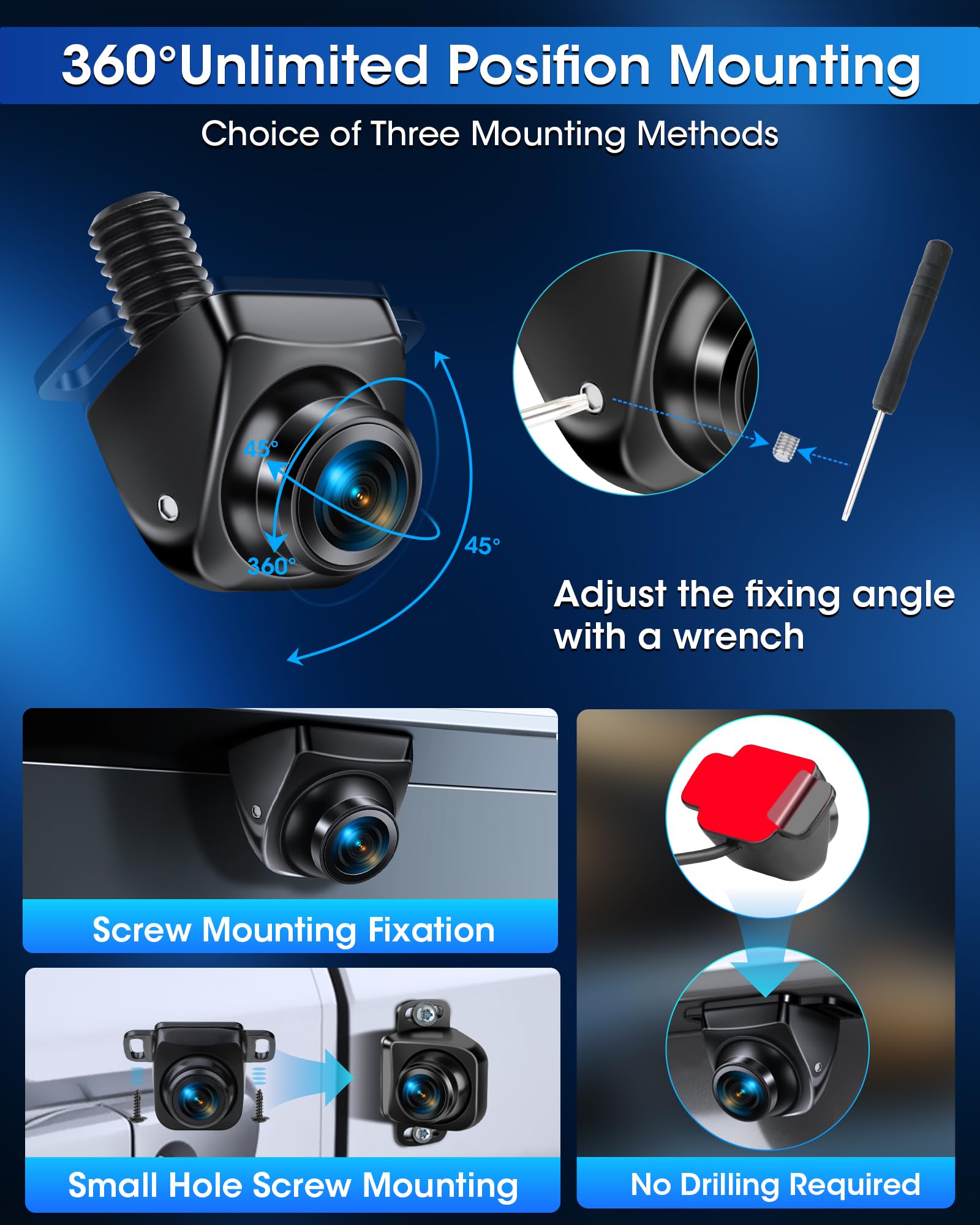 Rückfahrkamera【3 Montagemethoden】 360° Drehbar Rückfahrkamera Auto Unterstützt AHD 1080P/720P/NTSC/PAL Modi Frontkamera/Rückfahrkameras mit Nachtsicht Universal DC 12V-24V für Wohnwagen SUV Wohnmobil
