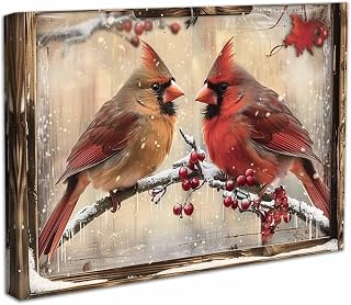 SWQYLB Northern Cardinals Wall Art Red Birds Canvas Wall Decor Animal Painting Winter Scene Picture Prints Xmas Christmas Wall Decor Framed (Brown, (28.00" x 42.00"))