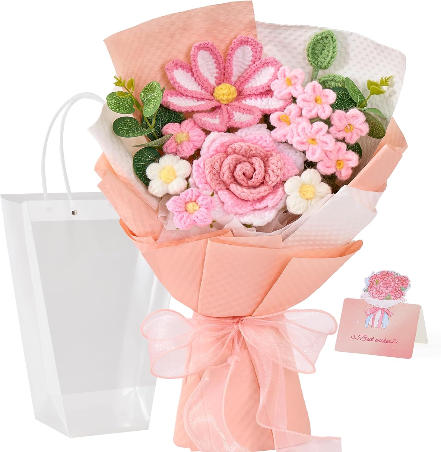 Alecono Pink Crochet Flower Bouquet - Hand Knitted Artificial Flowers, Allergy-Free Gift for Valentine's Day, Mother's Day, Anniversary w/ Card