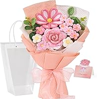 Alecono Pink Crochet Flower Bouquet - Hand Knitted Artificial Flowers, Allergy-Free Gift for Valentine's Day, Mother's Day, Anniversary w/ Card