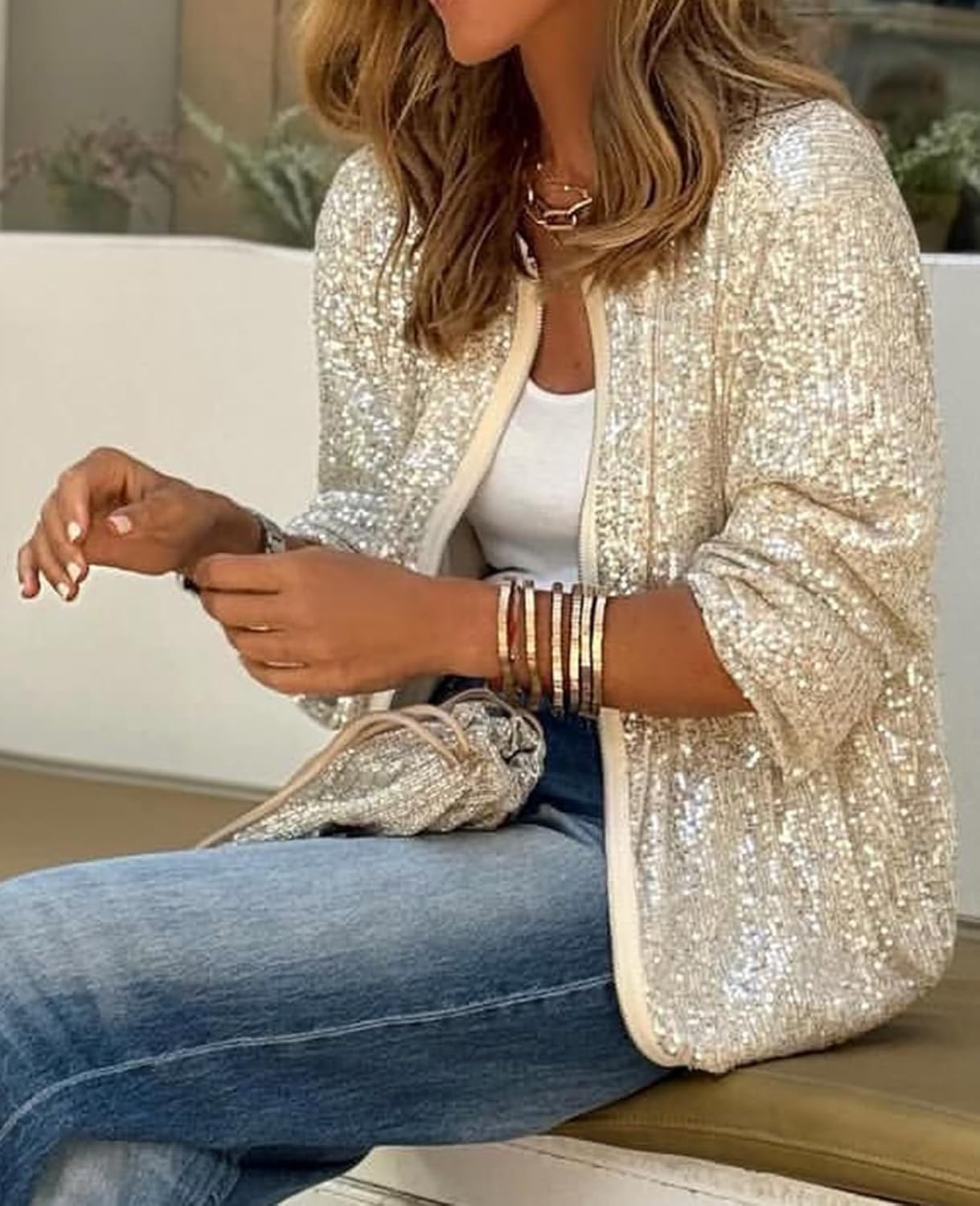 MINTLIMIT Women's Sequin Jackets Long Sleeve Crew Neck Zip Glitter Blazer Cocktail Party Club Sparkly Bomber Jacket - Image 3