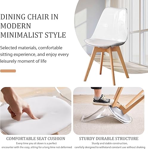 Miniatura 5 de Juego de 4 sillas de comedor transparentes, sillas de cocina modernas con cojines de piel sintética y patas de madera, silla de cena acrílica para