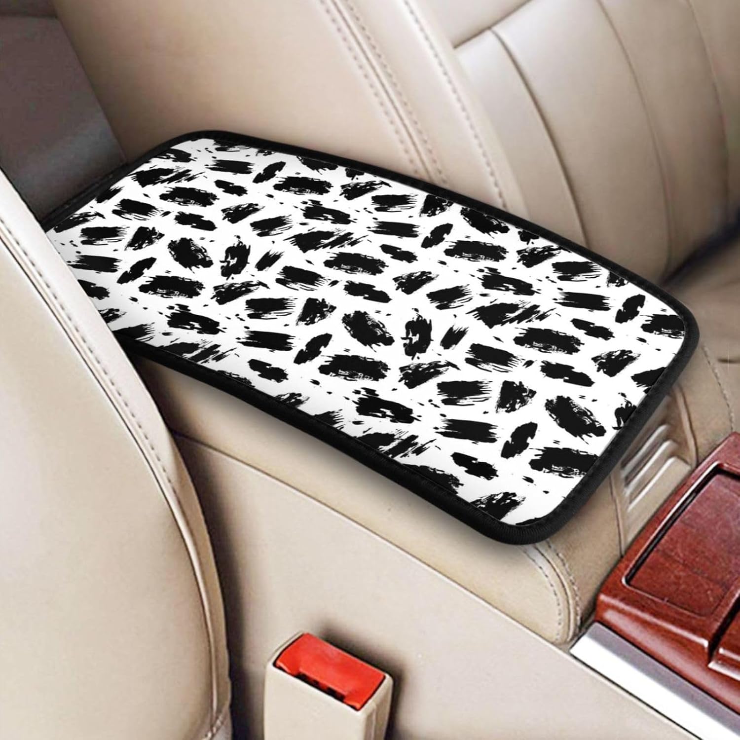Black and White Brush Stroke 1 Print Car Center Console Cover Universal Neoprene Car Armrest Storage Box Decoration Protector Pad for Car Truck SUV, Interior Accessories