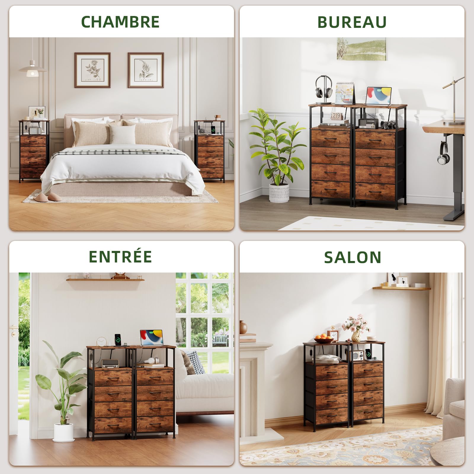 Somdot Commode Chambre Connecté, Table de Chevet LED Haute avec Station de Charge, Meuble de Rangement en Tissu pour Adult Salon Couloir Entrée, 30P x 40l x 86,5H (4 Tiroirs), Imprimé Grain de Bois