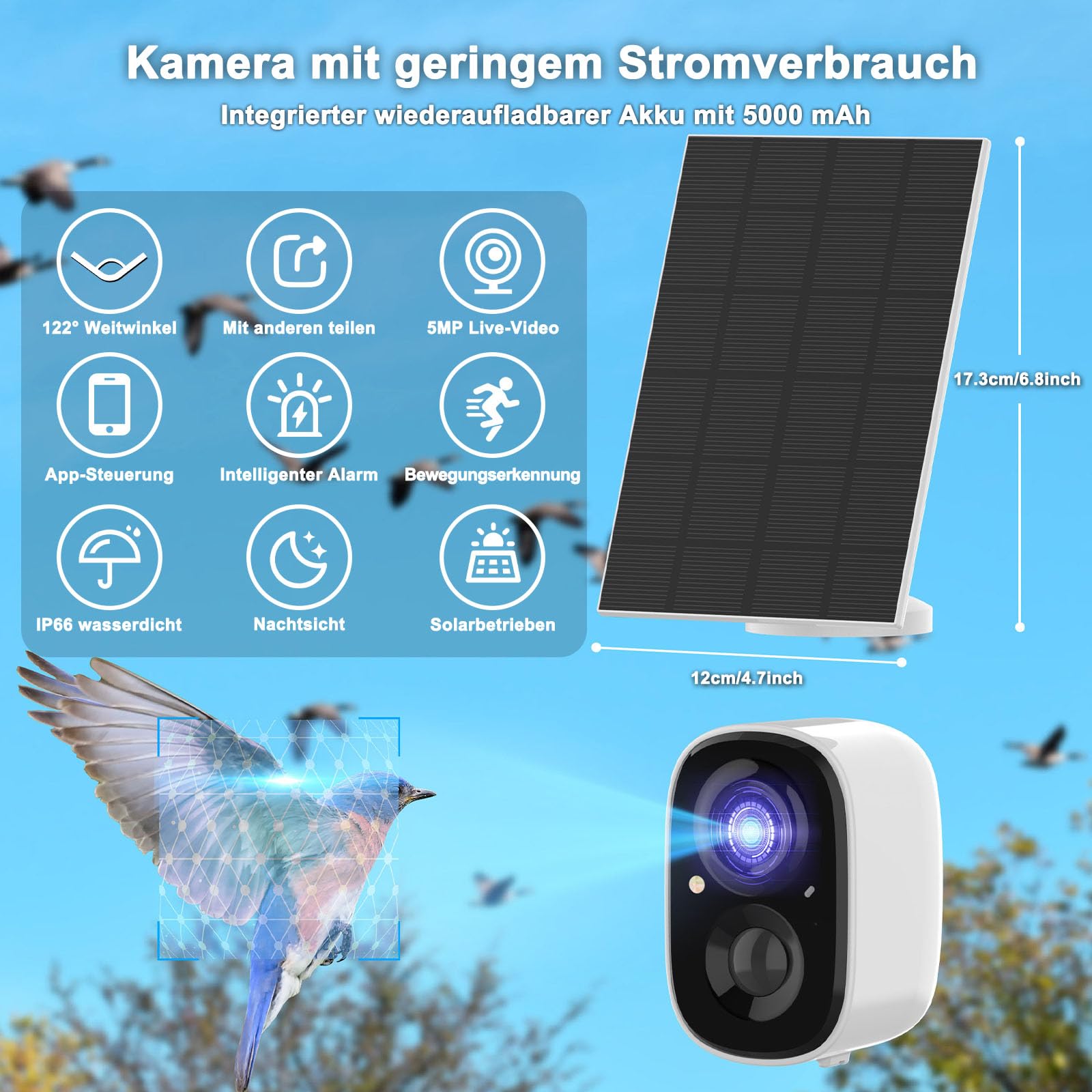 Vogelhaus mit Kamera und Solar Panel - 2K HD Solar Kamera WLAN Outdoor mit Massivholz Nistkasten, Brutkasten Kamera Live übertragung Handy 2,4G WiFi & App, Geschenkidee Garten