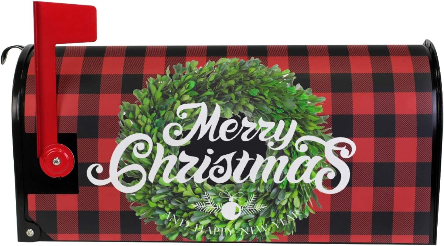 Christmas Boxwood Wreath Magnetic Mailbox Cover MailWraps Berry Buffalo Plaid Xmas Wraps New Year Winter Post Box Standard Size 20.8(L) x 18(W) for Outside Garden Home Decor