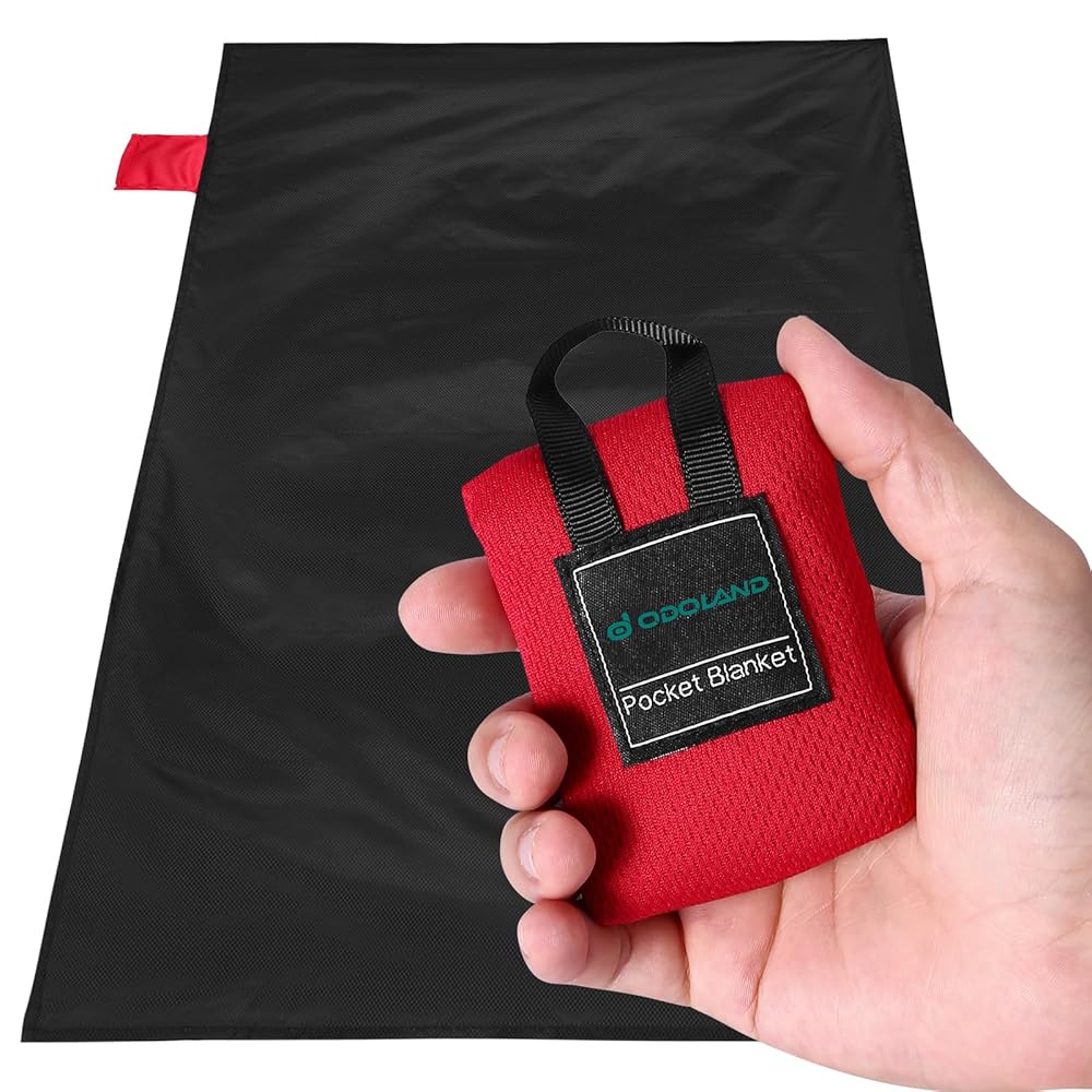 Odoland Beach Blanket Picnic Blanket, 43.3 x 27.5 SandProof Waterproof Outdoor Pocket Blanket with Portable Bag, Foldable Lightweight Sand Free Beach Mat for 1 People Hiking, Camping, Travel, Black
