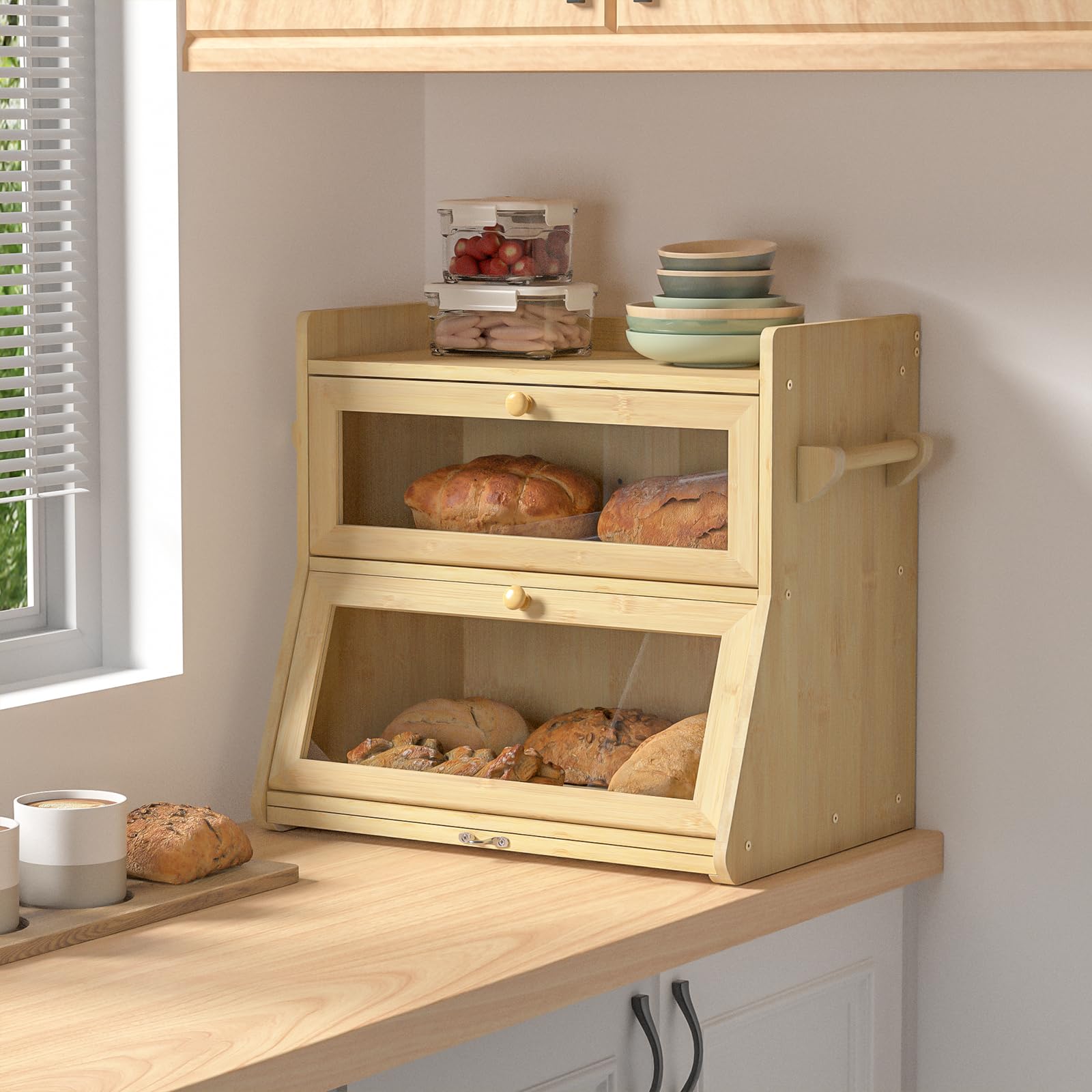 Boîte à pain en bambou, Bois Grande Capacité Boîte Avec planche à découper Boîte de rangement, Pour pain, pain grillé, Huche a Pain pour Cuisine Countertop Double Couche Empilable