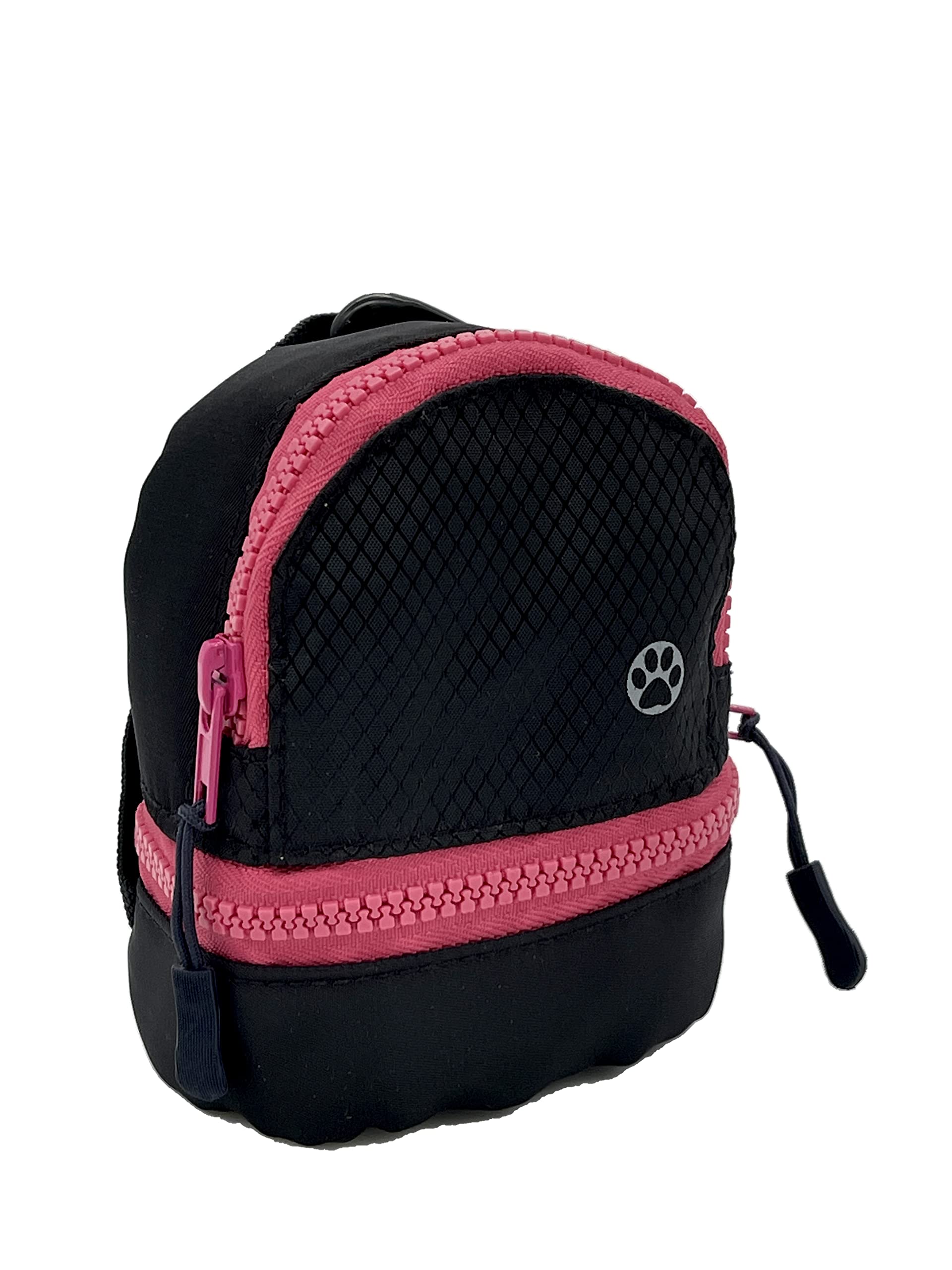 PawPacks LLC Dog Backpack, Cat Backpack, Small Carrier | Clip on Harness or Leash, Fun Pet Treat Holder, Toy Bag, or Waste Dispenser | OG Neon Series Color (Pink Black City Mode)