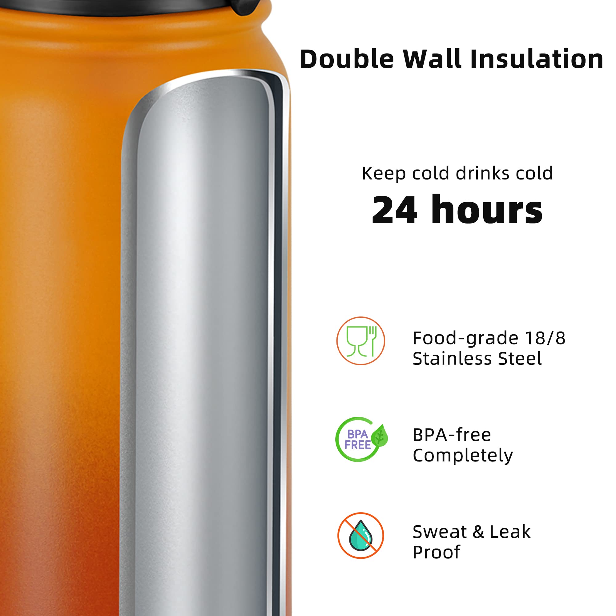 Fanhaw 600ml Insulated Stainless Steel Water Bottle with 2 Lids - Leak & Sweat Proof with Anti-Dust Lid (Yellow Orange) - Image 4