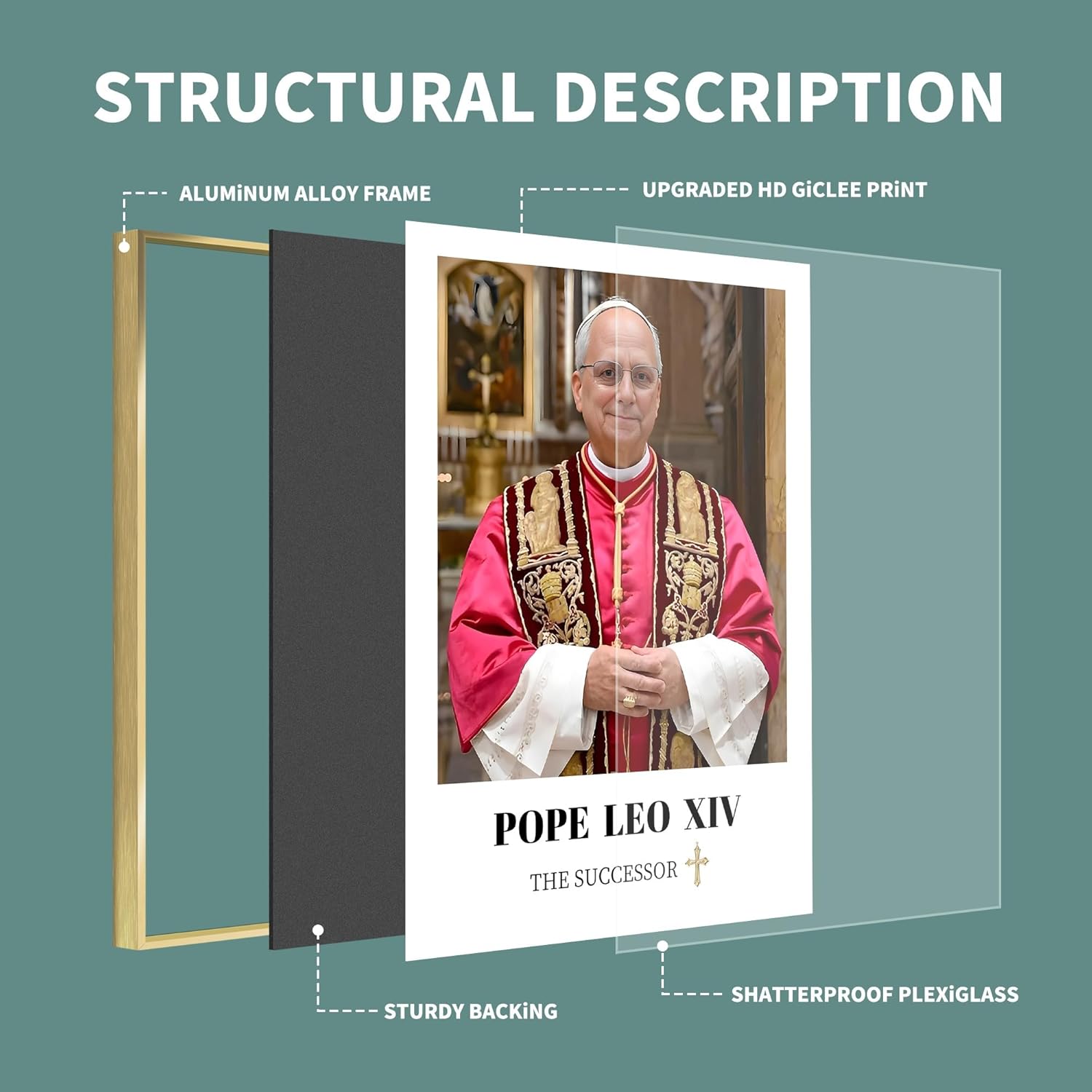 Framed Pope Leo XlV Poster Classic Portrait Christ Art Print，Religious Figure Painting For Church/Prayer Room Pray bless （ Gold-1 8"x10"） - Image 5