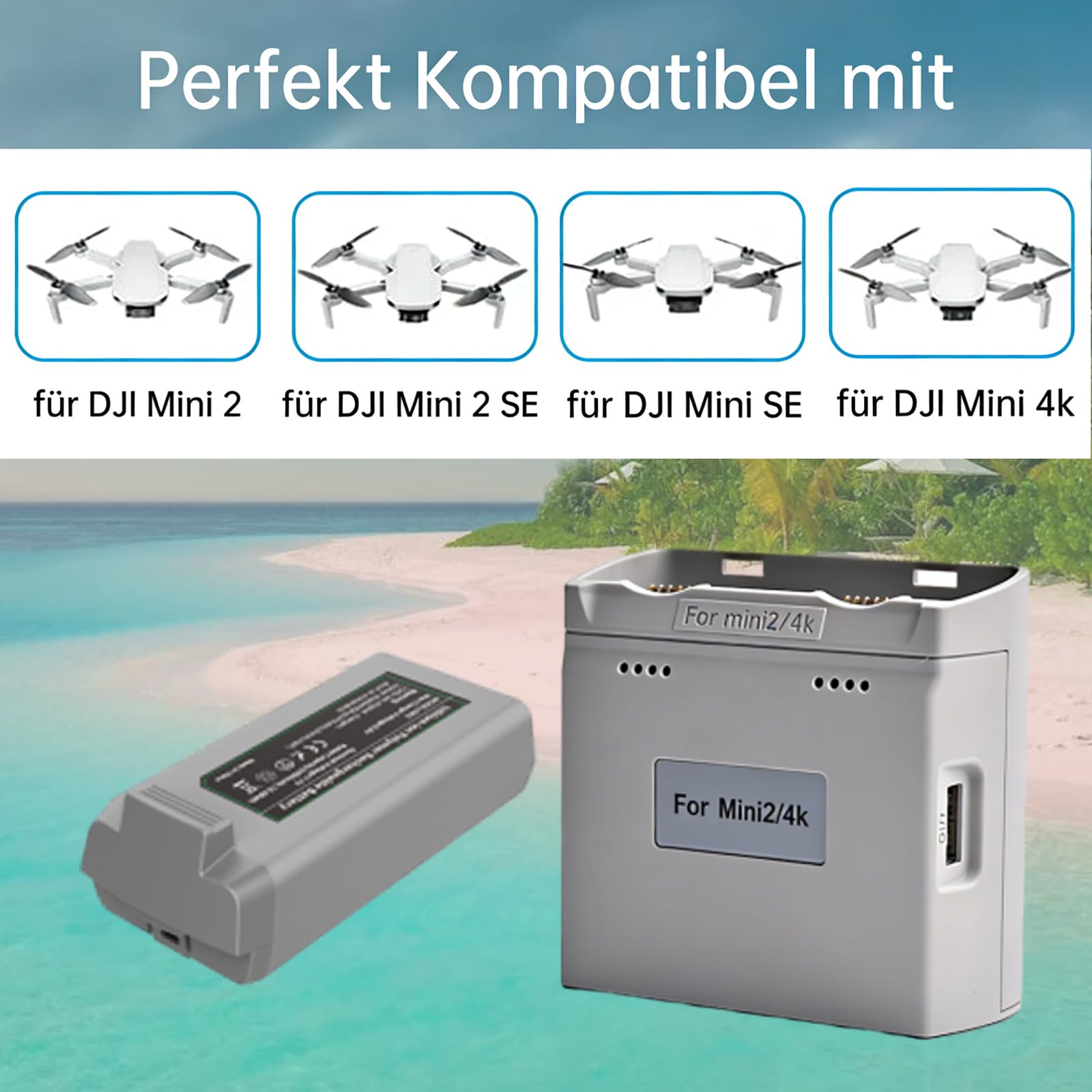 Mini 4K/2/SE Akku 2er-Pack mit Schnellladestation, 2400mAh, 7,7V 31Minuten Flugzeit, wiederaufladbarer Akku für DJI Mini 2 SE/Mini 4K Drohne