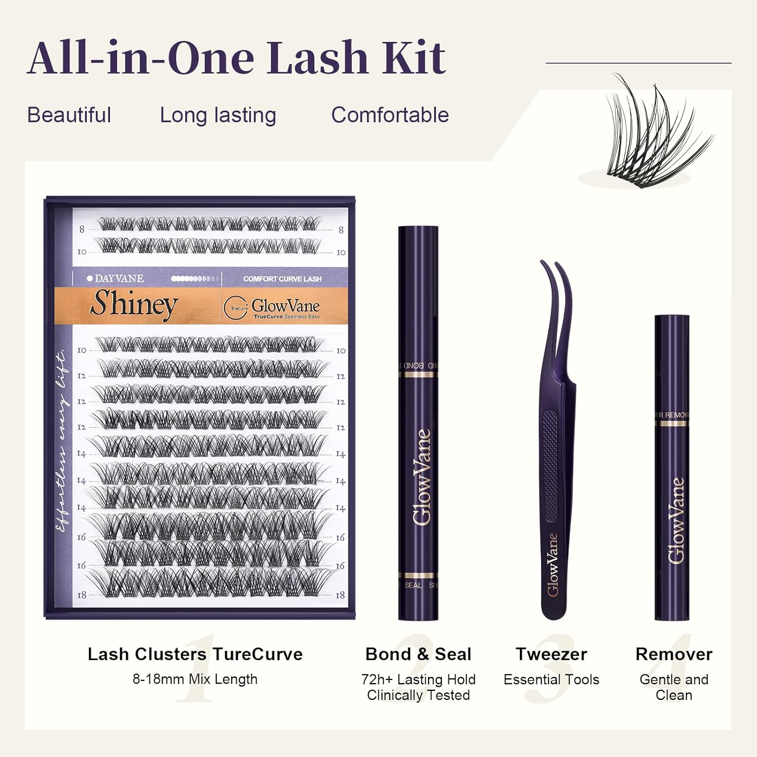 GlowVane Lash Clusters Kit – 144PCS DIY Lash Extension Kit with TrueCurve Base, Ultra-Soft & Featherlight Waterproof Long-Lasting Cluster Lashes 8–18mm Mix, Volume & Glam At-Home Individual Lashes