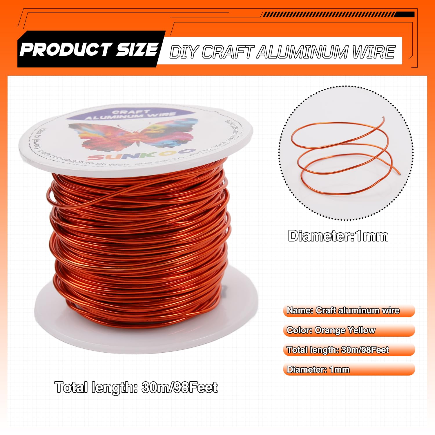 Sunkoo 18 Gauge 1mm Orange Aluminium Craft Wire,98.4Ft Bendable Wire for Jewellery Making Sculpting, Floristry, Armature - Image 2