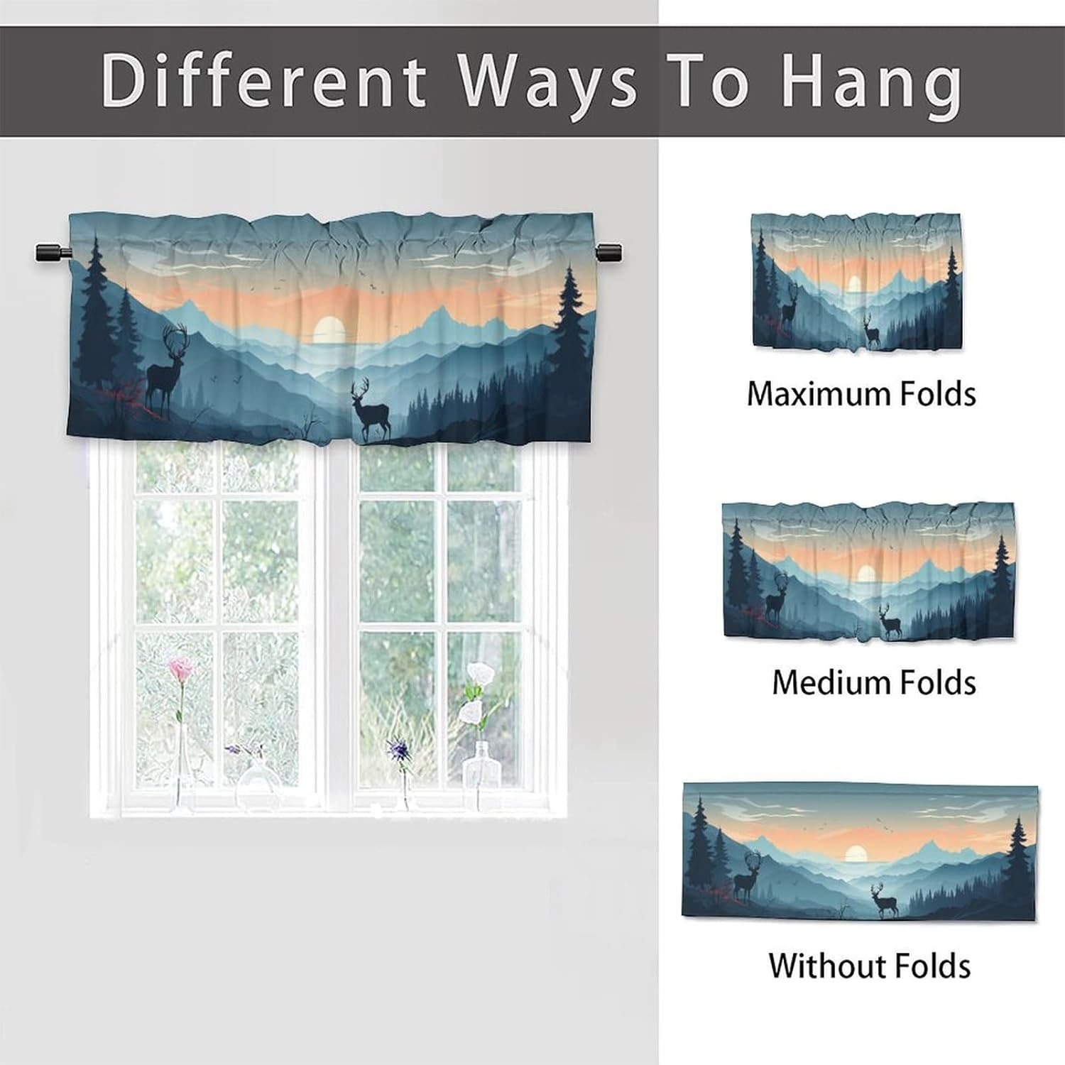 Deer Kitchen Valance Curtains Misty Forest Rustic Wildlife Moose Mountain Rod Pocket Valances for Bedroom Living Room Dining Room 54 by 18 in, 2 Panel