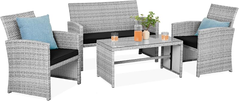 Best Choice Products Juego de muebles de conversación para patio de mimbre para exteriores, 4 piezas, con mesa de centro y cojines para asiento, color gris y negro