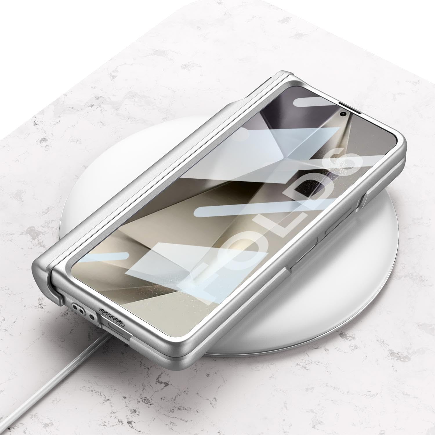 Magnetic Hinge Pen-Box Phone Case for Samsung Galaxy Z Fold 6, Folding Shell with Wristband for Z Fold6, Protective Cover with Tempered Glass Film (Carbon Grain,for Fold 6)