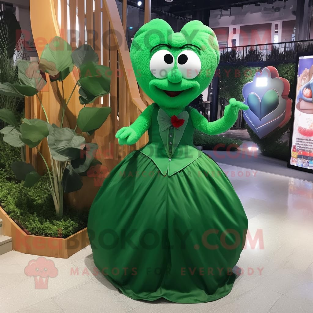 Forest Green Heart personaggio costume mascotte vestito con un abito da sera e portamonete