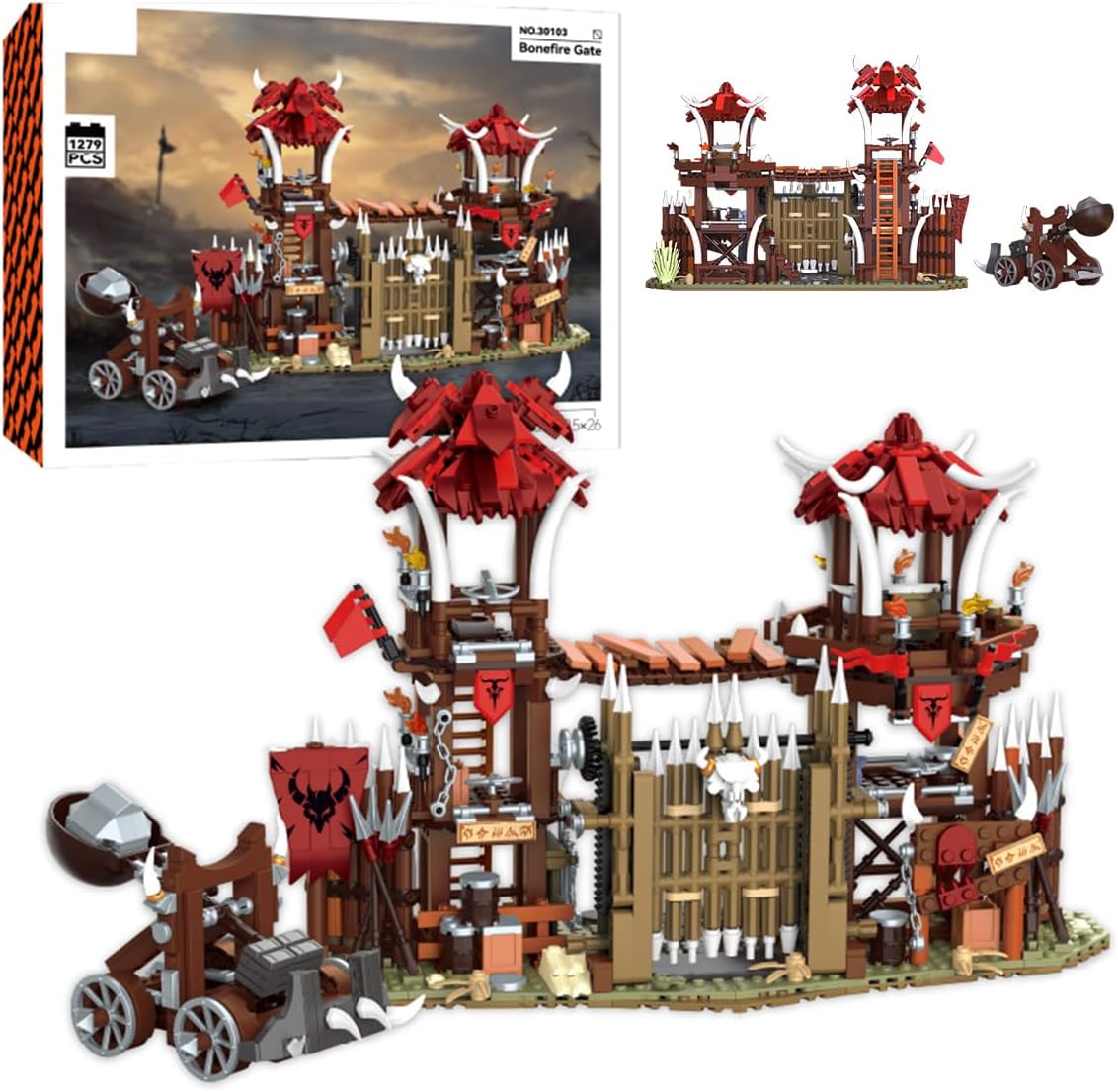 Medieval Bonfire Gate Castle Building Sets for Adults, Orc Fortress Watchtower & Catapult Architecture Modular, Knights Viking Village Home Decor 1279 PCS