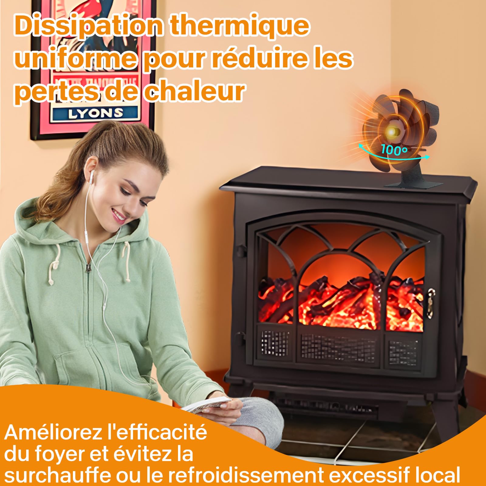 Ventilateur de Cheminée Thermodynamique, Économiseur d'Énergie avec Thermomètre, Diffusion de Chaleur Homogène pour Poêle à Bois, Cheminée, Sans Électricité Ni Piles