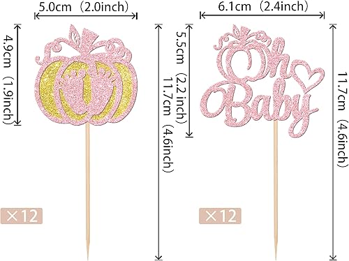 Miniatura 2 de 24 piezas de calabaza Oh Baby Cupcake Toppers Glitter Heart Baby Feet Calabaza Cupcake Picks para temática de otoño, baby shower, niños, cumpleaños,