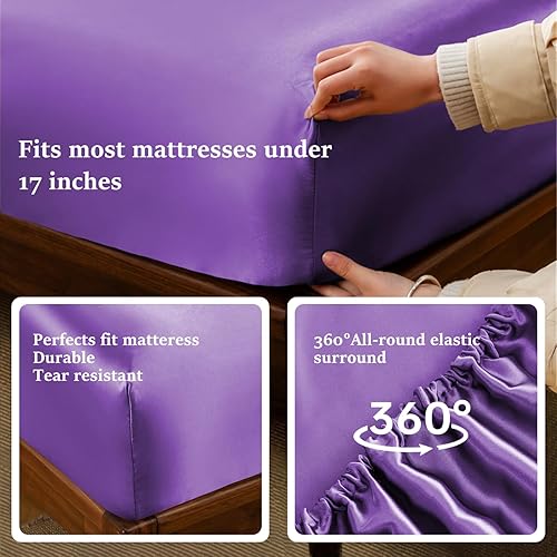 Miniatura 4 de KACEMOO Sábanas de satén tamaño King, suaves y lujosas, juego de sábanas de satén refrescante, juego de sábanas de 4 piezas de bolsillo profundo,