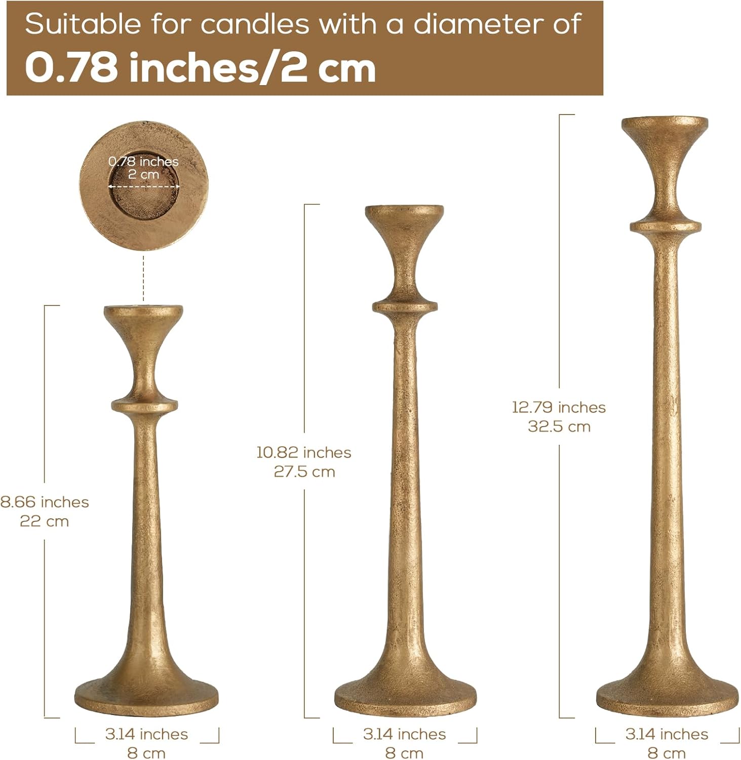 gold taper candle holders set of 3 heavy cast iron antique brass candlestick holder for table centerpiece vintage decorative candelabra for home decor fireplace wedding holiday christmas halloween gdzt02-3a