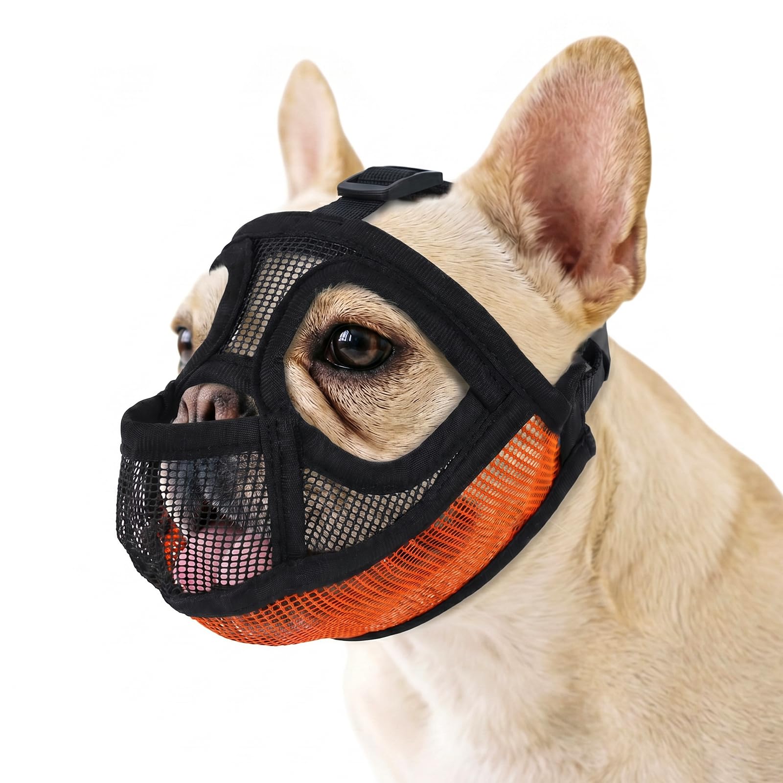 Dog Muzzle for French Bulldog – Lightweight Breathable Mesh for Short Snout Dogs | Allows Comfortable Panting & Tongue Out for Longer Wear | for Grooming Vet Walking (Orange L)