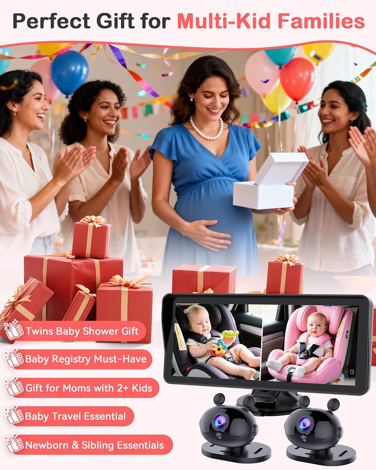 Wkzay Cámara dual HD 1080P para coche de bebé para 2 niños: pantalla dividida de 6.9 pulgadas con 2 cámaras de visión nocturna para asiento de coche - USB de 5 minutos fácil de instalar 360° ajustable