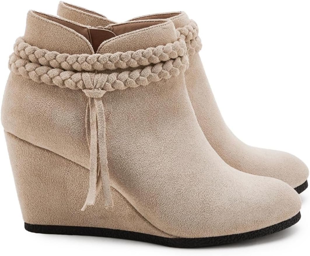 Womens Wedge Ankle Boots Braided Fringe Strap Western Heeled Fall Booties Dress Shoes - Image 3