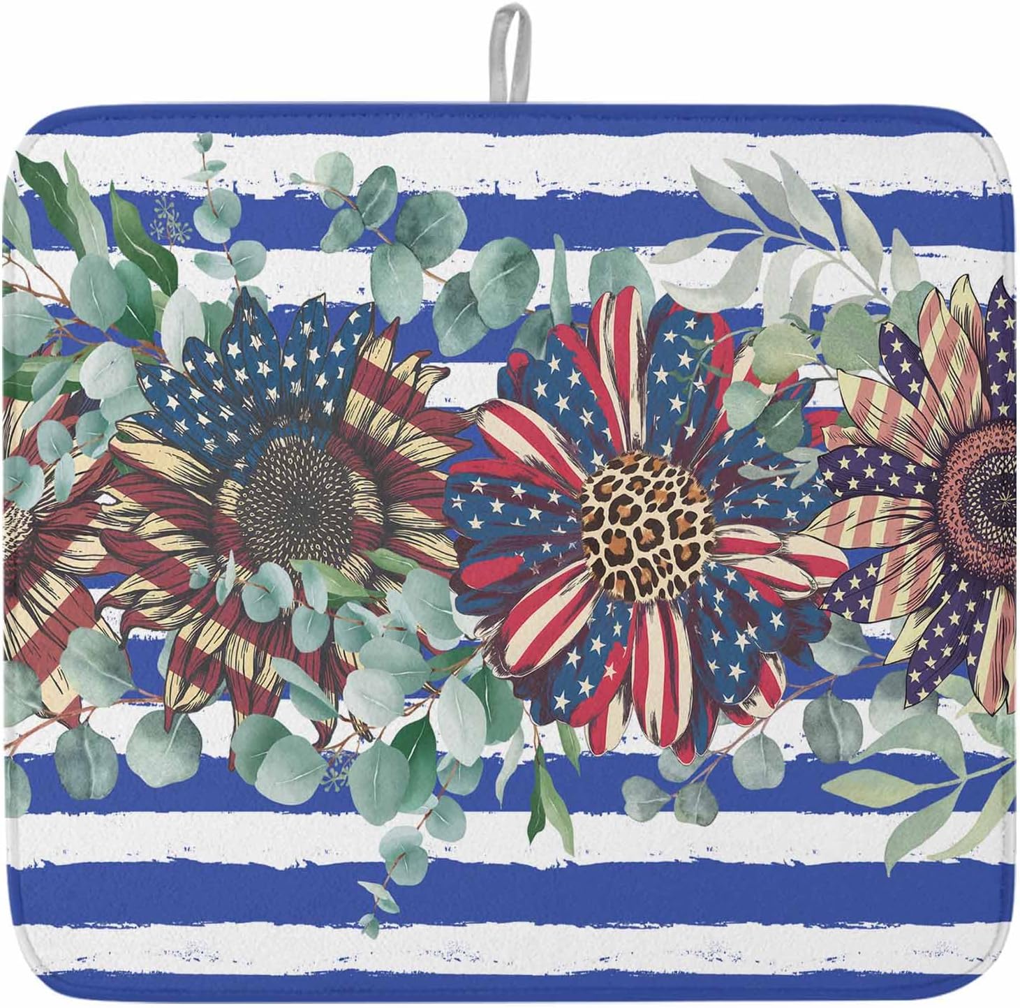 Dish Drying Mat Set of 2 Independence Day Sunflower Microfiber Absorbent Reusable Washable Dish Drying Rack Mat Blue Stripes Coffee Mat for Coffee Maker Bar Kitchen Countertops 18x24inch