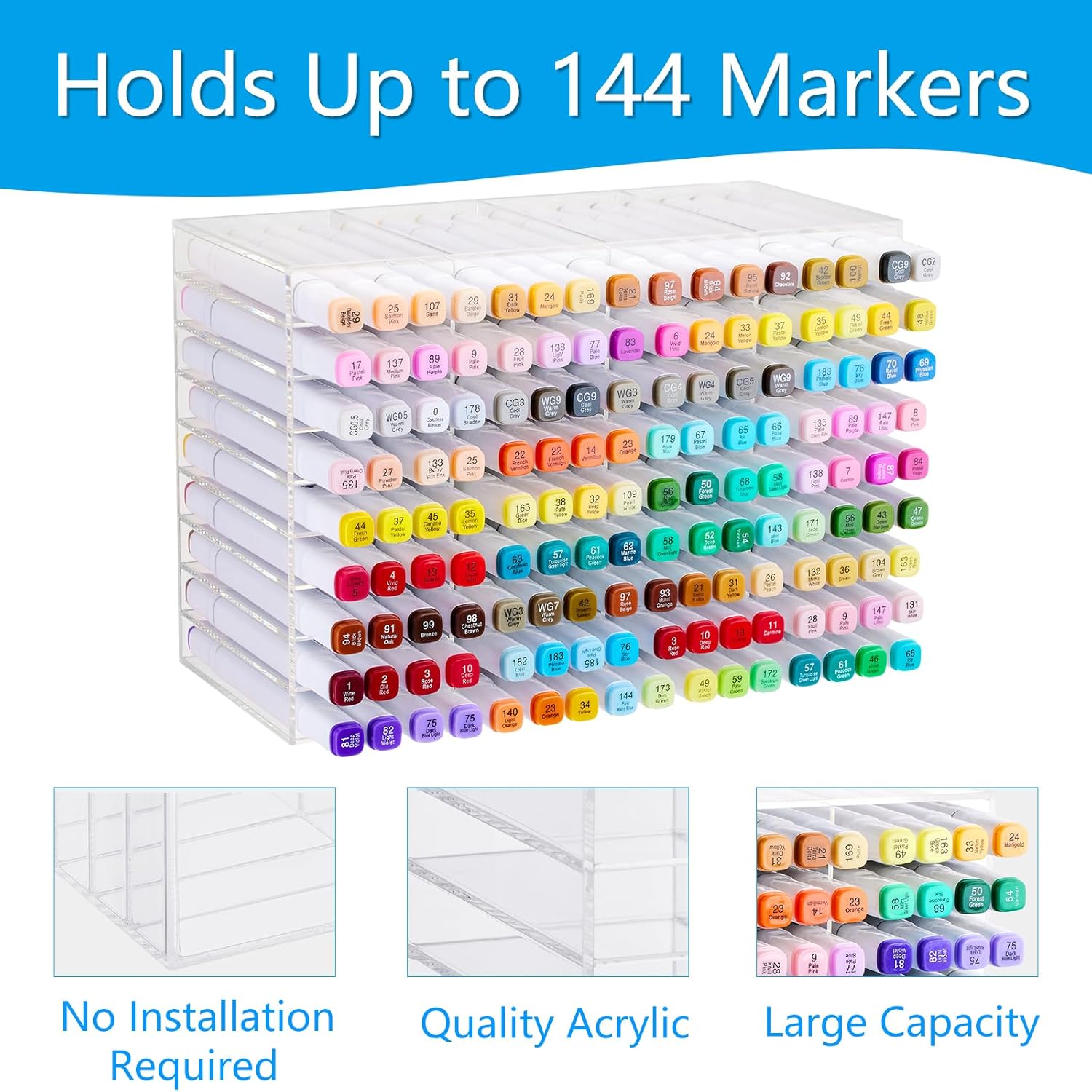 Acrylic Marker Organizer for 144 Markers, Large Capacity Alcohol Marker Storage Rack for Desk, Horizontal Pens Pencils Art Holder Organizer with 36 Compartments for Classroom Office