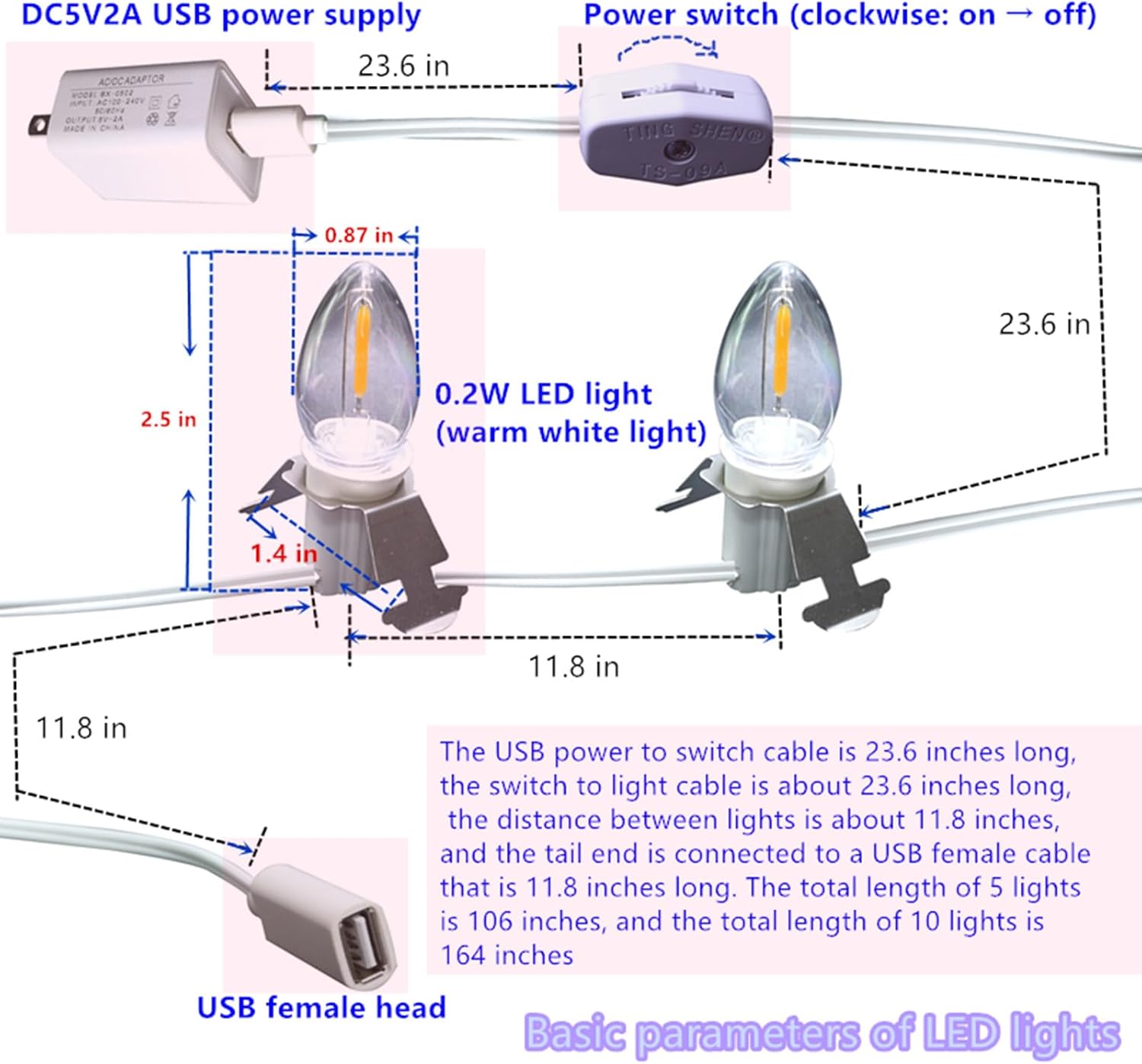 DC5V Low Voltage Safety C7 Blow Molded Warm LED Light Accessory Cord Compatible with Department 56 6005527 6005528 Village Collection,Village Houses,Christmas Village (10 Output)