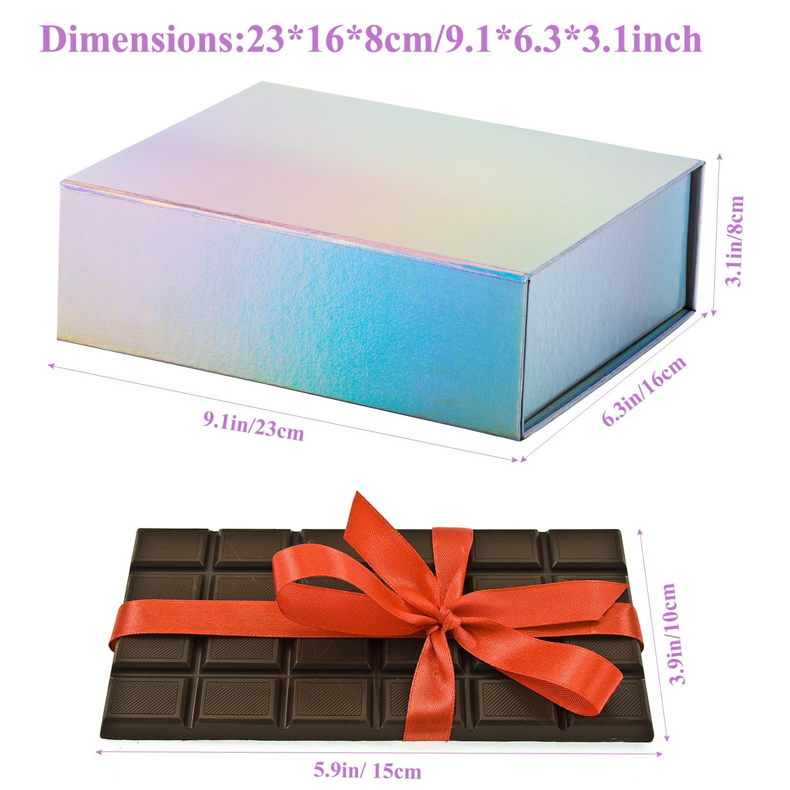 GREDNA 9.1x6.3x3.1 Inch Big Collapsible Paper Gift Box, Portable Gift Wrap Box, Rainbow Silver Mother's Day Gift Box With Lid for Presents, Luxury Jewelry Gift Box, Groomsman Proposal Box